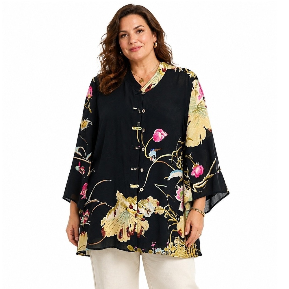 Citron Santa Monica 100% Silk Tunic 2X Black Floral Asian Art to Wear Boho